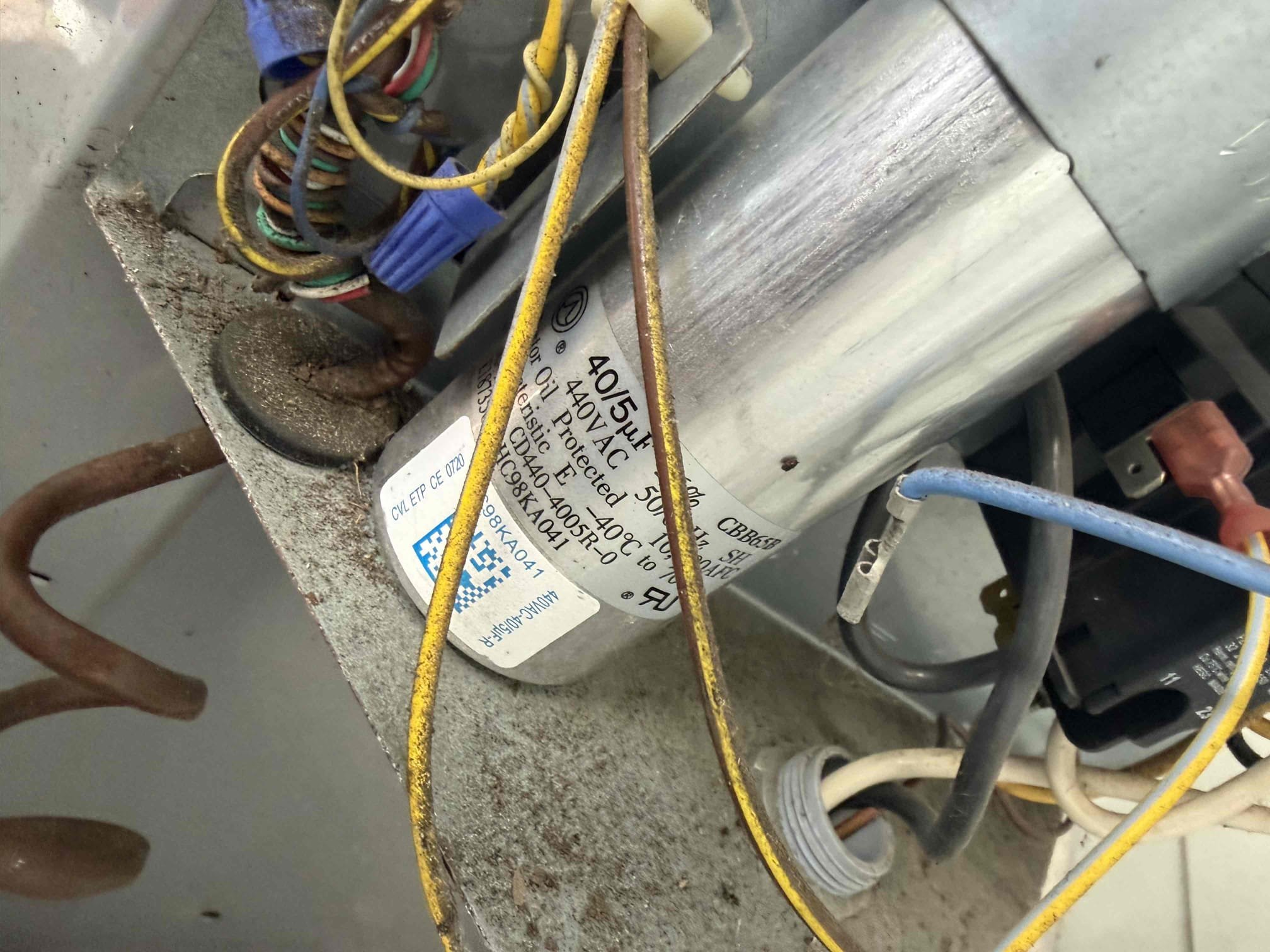 On arrival found unit leaking water due to clogged drain. Cleared pan and drain. Added chemical to help prevent growth. Found dirty evaporator coil and recommend to clean. Inspected outside unit and found weak and worn contactor and capacitor. Pressures good. Temp split good. Rinsed outdoor coil. Unit cooling at this time. 