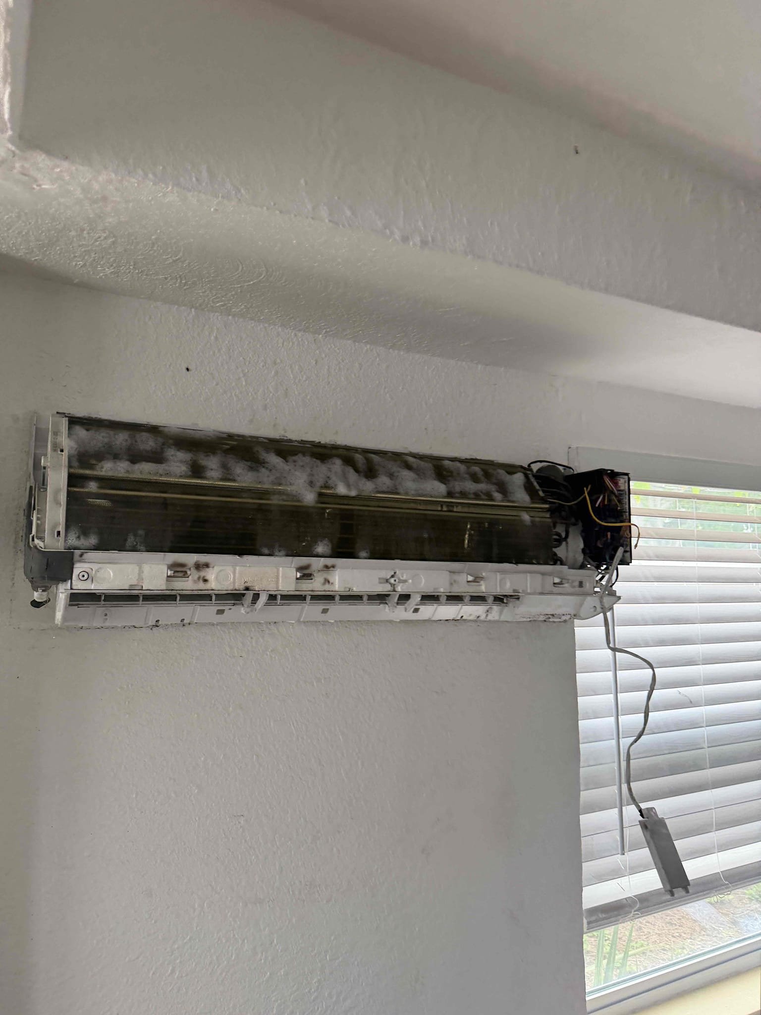 Performed drain cleaning and treatment on mini split system. Removed plastic casing and fins as well as filters for a deep clean. System is now cooling and not dripping water. 