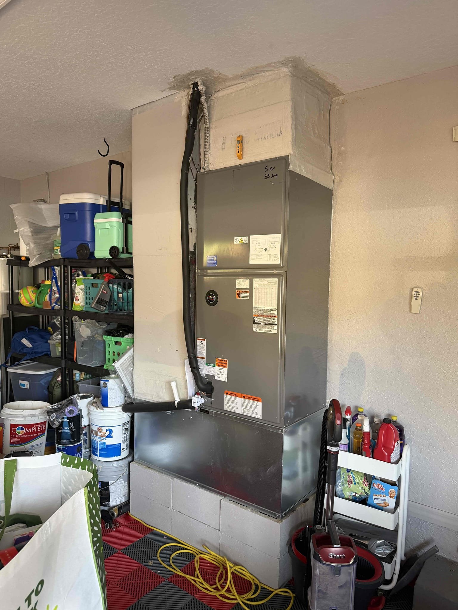 Performed Maitenence on system. Cleaned/treated drain line and primary drain pan. Cleaned condenser coils. Evaporator coils are clean. Verified safety float switch functionality. Checked amp draw on compressor. Checked amp draw on fan motor. Checked capacitor is within factory range. Inspected Contactar. Made sure all connections are tight. System is cooling with a 20° temperature split at this time.