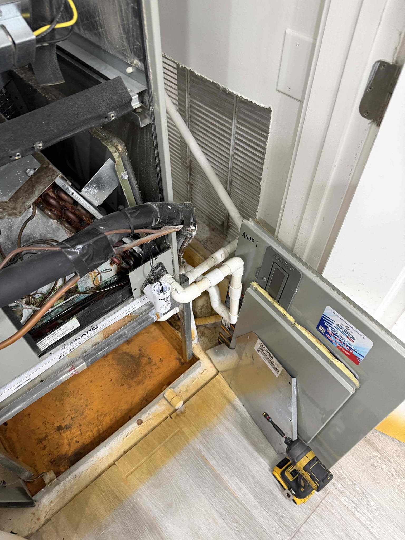 Upon my inspection, downstairs unit is not keeping up with temperature. Found that the drain line was clogged. Performed a drain cleaning and treatment. Found that the drain line was very bad and had to take apart to clean. 30 day guarantee on drain cleaning. Maintenence is not due for another three months.