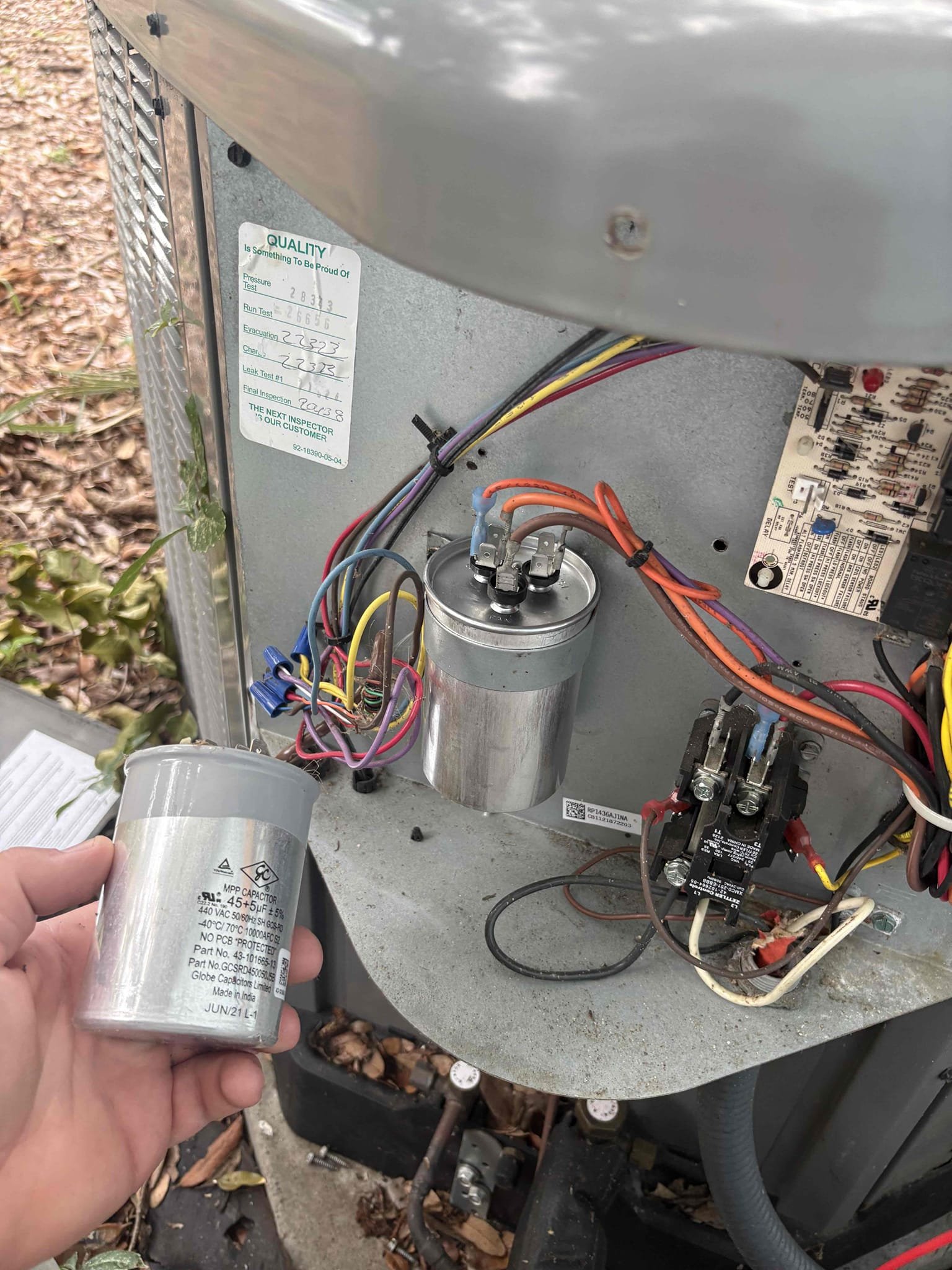 Diagnostic 
-outdoor unit going off on high pressure alarm due to fan motor not operating. Found capacitor failed causing unit not to run 

Scope of work 
-replaced failed outdoor capacitor 
-cleaned up service department 

Verified system operations after completing repairs. Unit is operating within manufacture specifications 

Further Notes 
-unit does not look to have had proper maintenance. Outdoor unit has debris inside condenser. Indoor drain has not been cleared. 