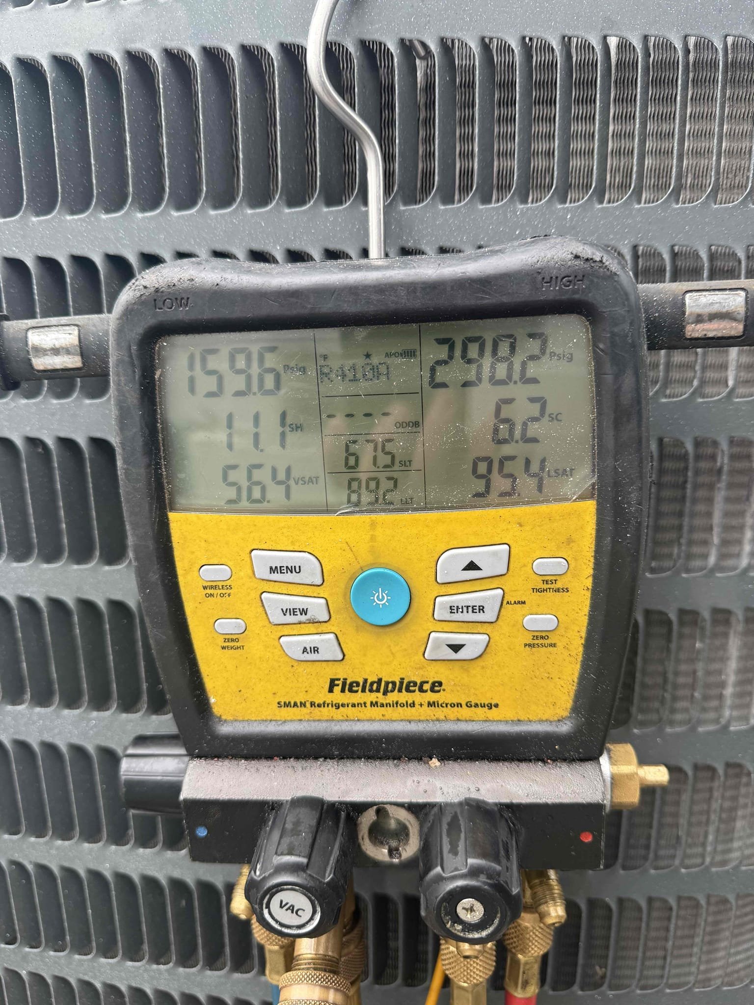 On arrival found apartment unit not cooling due to linset being penetrated by roofers and loss of all refrigerant. Will return tomorrow to make repairs with roofers. 
Found leak in line set. Made repairs. Pressure tested. Pulled vacuum on system. Added refrigerant back to factory specs. Start and test. Unit is cooling properly at this time. 