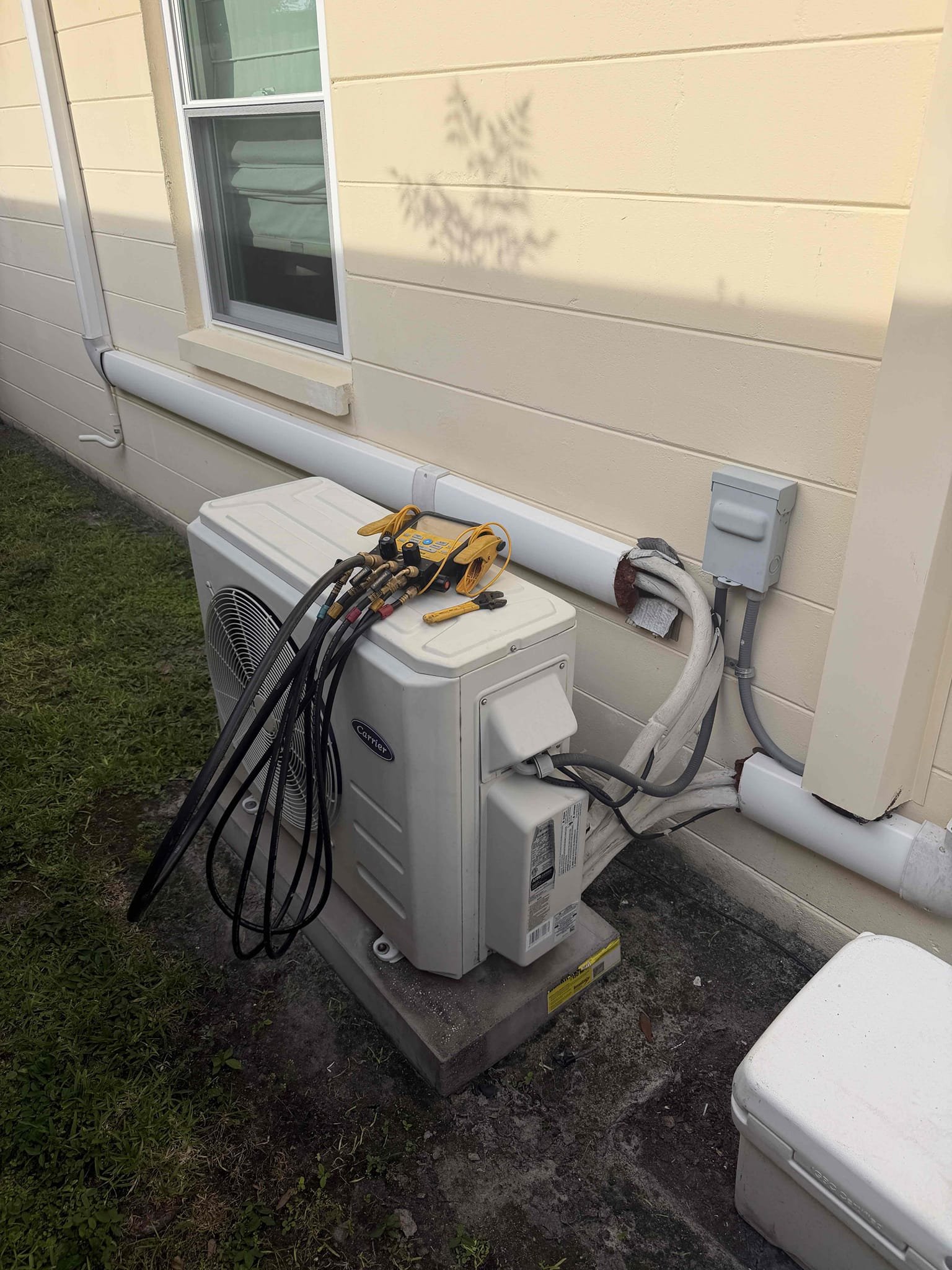 Upon my inspection, found mini split condenser low on refrigerant. Client had another company come out and diagnose both evaporator coils has leaks. 
I performed my own leak search and found one evaporator coil had a leak and the other head unit only had a leak at the flare connection in the lineset. 

Quote sent and approved for replacing the evaporator coil under warranty, making a complete new flare connection, and charging with all new refrigerant. 

Waived $95 fee with repairs. Will return with materials to perform work once we can get them ordered. 

Sending quote for Maitenence plan. Client will receive 10% off of repair quote if approved and signed up. 