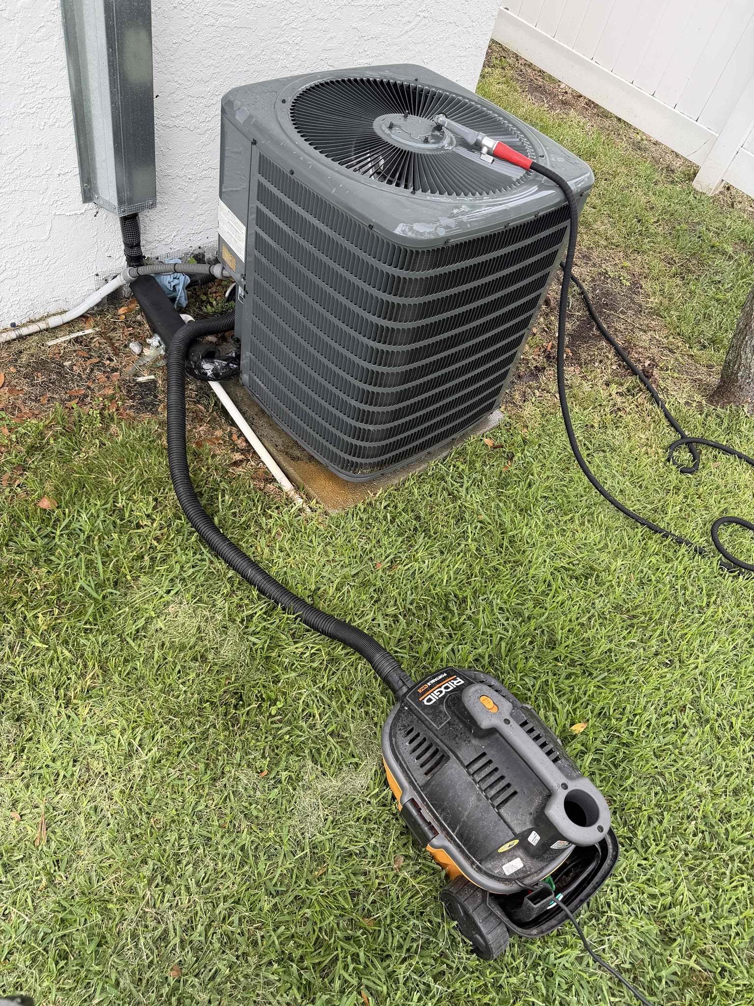 Formed maintenance on system. Cleaned and treated drain line and primary drain pan. Cleaned condenser coils. Found weak capacitor and contactar. Replaced both start components. Checked amp draws. System had a 25° temperature split. Found blower motor indoor set to low speed. Adjusted speed to medium and achieved a proper 20° temperature split. UV system is still functioning but at the end of its life span. Will provide a quote to replace bulb if we can find it. 
Client stated that previous company replaced the return duct with a bigger size. The new size is a 16” which is good however they made poor connections to the air handler and it is missing insulation. There is not enough slack to make a new proper connection with the existing duct. Will need to replace duct to resolve issue. 
System is cooling at this time. 