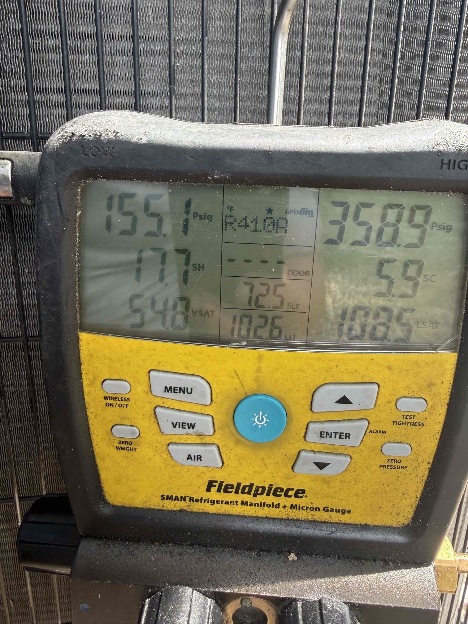 On arrival found unit not cooling due to weak capacitor and worn contactor. Replaced parts. Start and test. Pressures good. Amp draws good. Temp split good. Cleared drain. Unit cooling properly at this time.