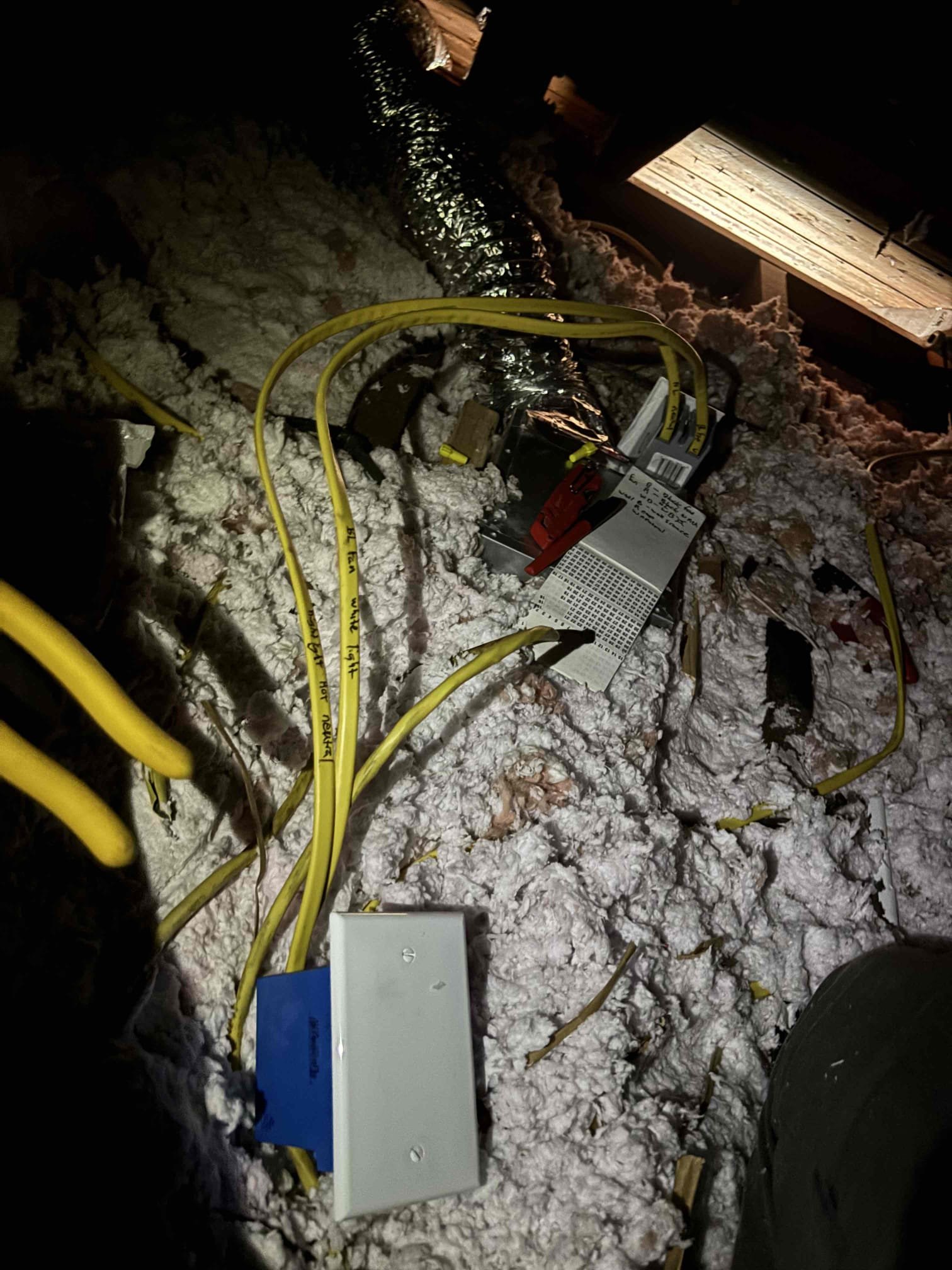 Rework bathroom fan wiring and run a new line down the wall for bathroom vanity 
Install customer provided switch for exhaust fan 

Exhaust fan the the soffit 