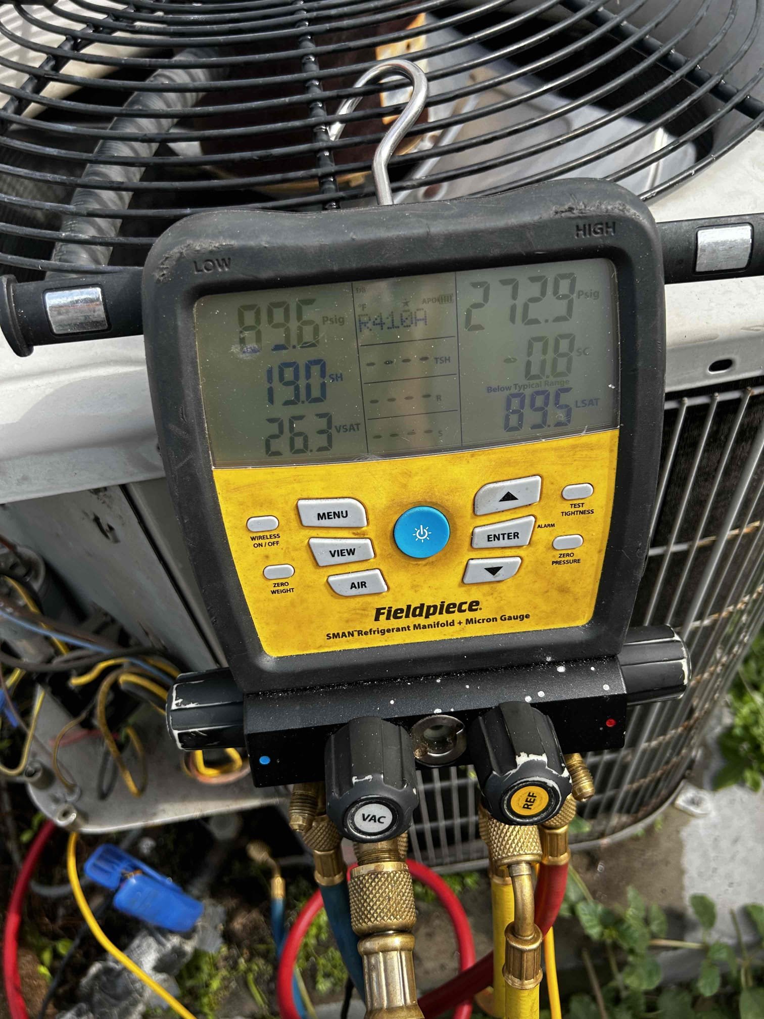 Upon arrival, I checked the system’s refrigerant pressures and found that the compressor was equalizing while running. Although the compressor was drawing amperage, the refrigerant pressures indicated that it was not operating properly.

I allowed the compressor to cool down and restarted the system. The compressor began operating normally for a short period; however, further testing confirmed that the system has a refrigerant leak. I discussed my findings with the homeowner and explained the condition of the system.

As a temporary solution, I added refrigerant to restore cooling performance. Before leaving, I verified system operation and recorded an 18° temperature difference across the coil.

I also discussed replacement options with the homeowner due to the age and condition of the system. At this time, the homeowner would like to keep the system operational as long as possible while evaluating their financial situation before moving forward with a replacement.

If you have any qu