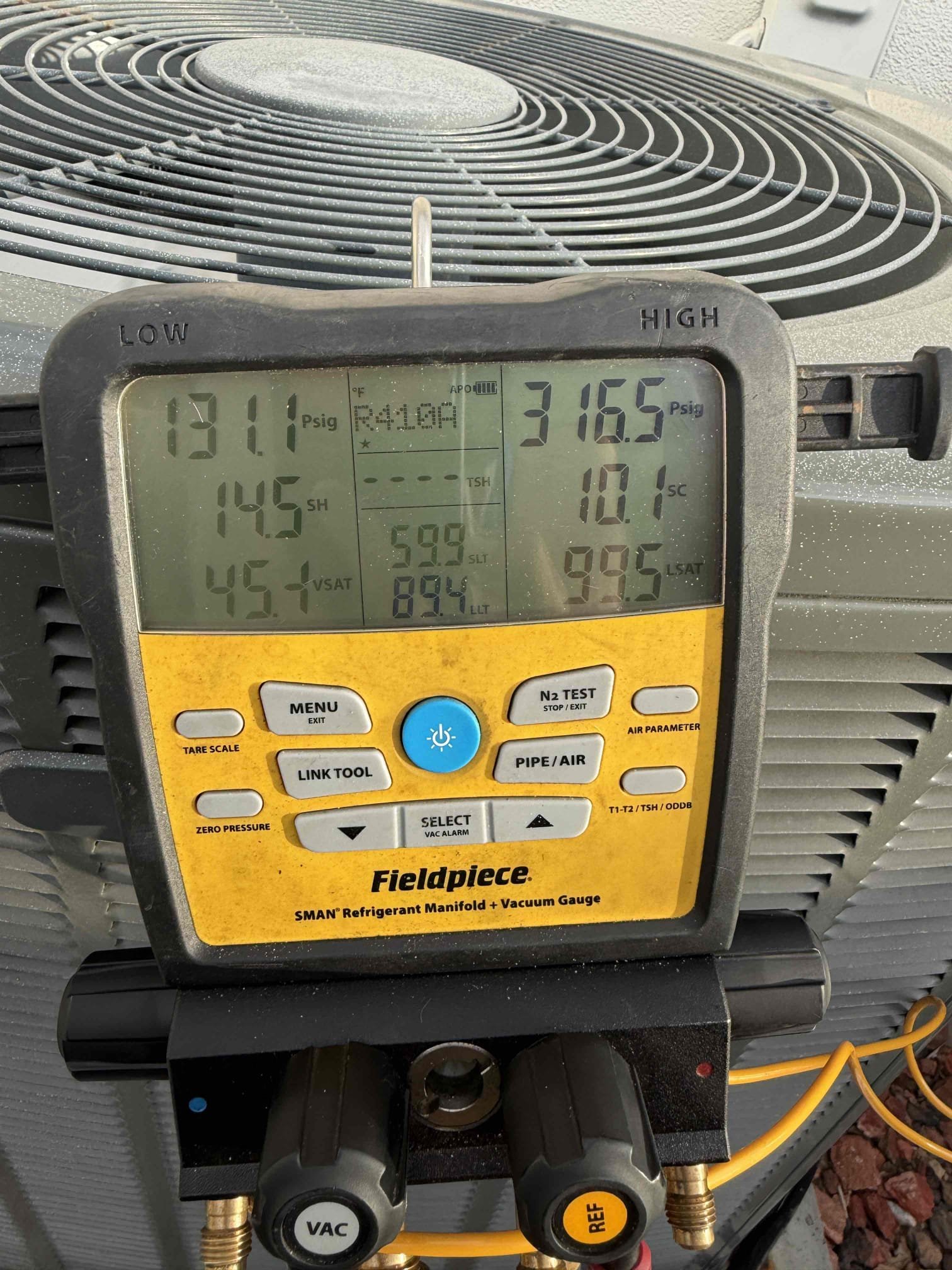 System is cooling with a 17° split upon arrival. Found system low 2lbs on refrigerant. Added refrigerant to achieve proper pressures and a 20° temperature split. Recommended replacing the capacitor as it is out of factory tolerance range and can fail at any time. Replaced capacitor for discounted member price as an add on. System may have a refrigerant leak and I let the client know if refrigerant is low again in the future, we will need to perform a leak search. 
System is at 3 ton and undersized for a 1800sqft home. Let client know the system is working the best it can but its capacity is not big enough for this size home. 
Capacitor discounted at member price for add on. 