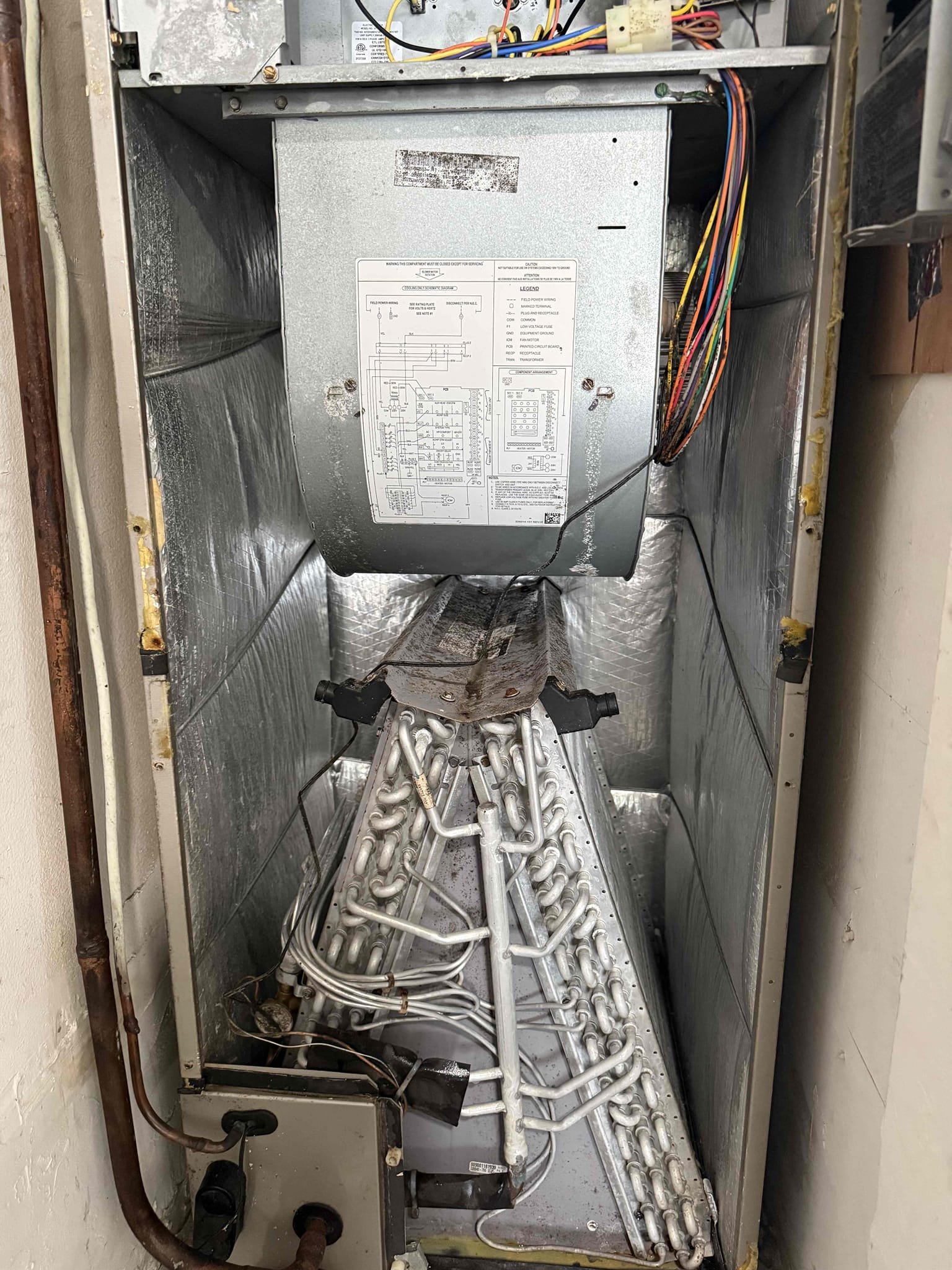 Reason for call:
Tune up 

Equipment:
2022 Icp 4 ton 
Vertical in garage 
Condenser on right side of home 

Summary:
Completed tune up to find system low on refrigerant. Flushed drain line. Flushed both coils. Filter were up to date. Found refrigerant leak at lineset, Evap coil, and txv. Spoke with homeowner we decided to replace warranty components and 4 ft of both lines by Ahu. 
Found dual capacitor weak.
