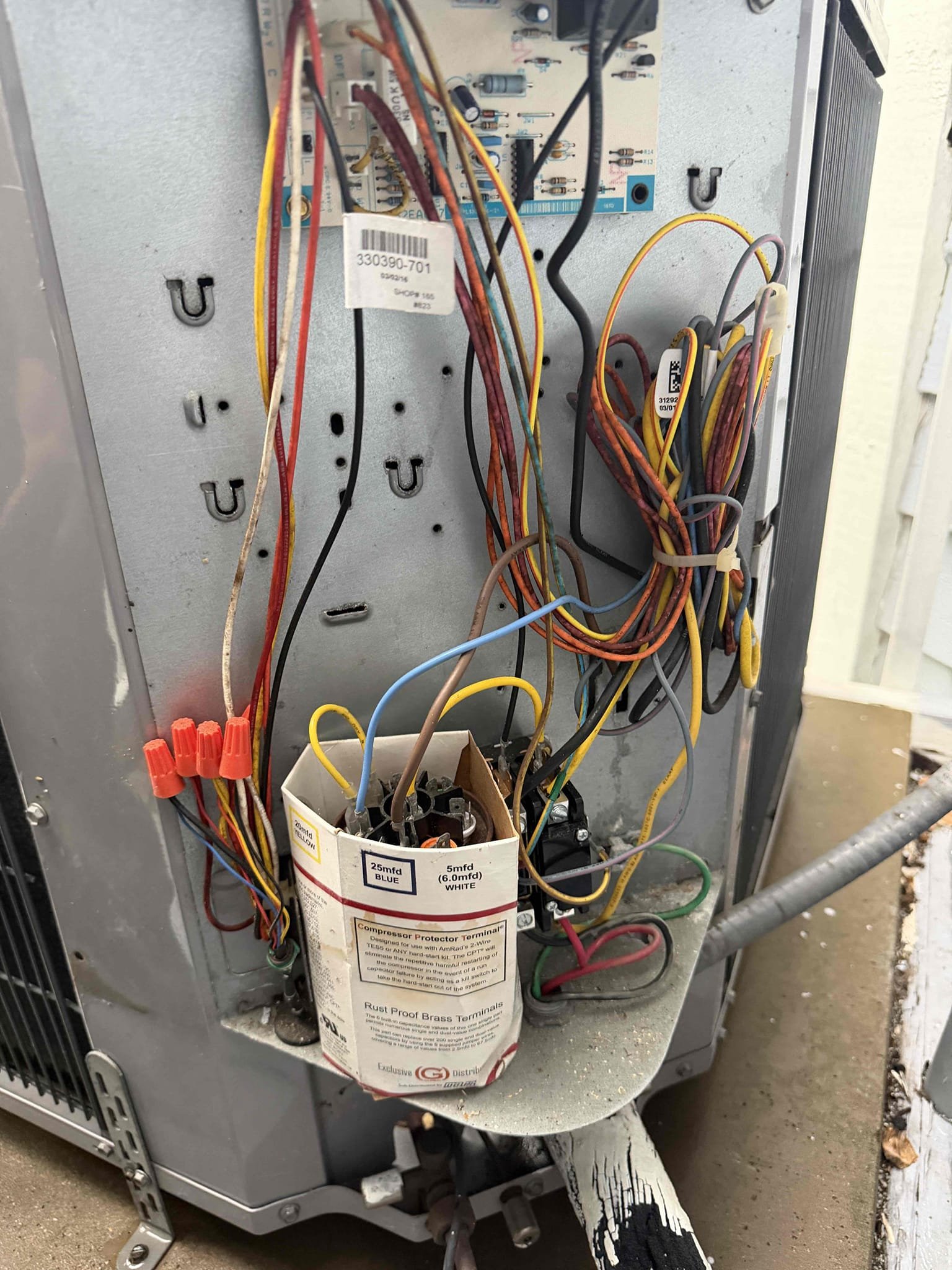 Living room system down. 
Upon my inspection, found evaporator coils completely frozen up with thick ice. Air handler blower motor is bad. 
Replaced blower motor and tried to thaw out coils. Coils are taking excessively long to thaw out. Let client know to leave system off over night and start up the following day around afternoon. 
Client stated that system has had to have refrigerant added in the past. I explained that system may be low on refrigerant but we cannot confirm when there is ice on the coils. 
Also found the condenser fan motor was wired improperly which is allowing it to run 24/7. Rewired motor and now it only turns on when the system is calling for cooling. 

Client signed up for 3 system Maitenence plan. Will schedule with office soon to check all three systems and check pressures on the living room system. 