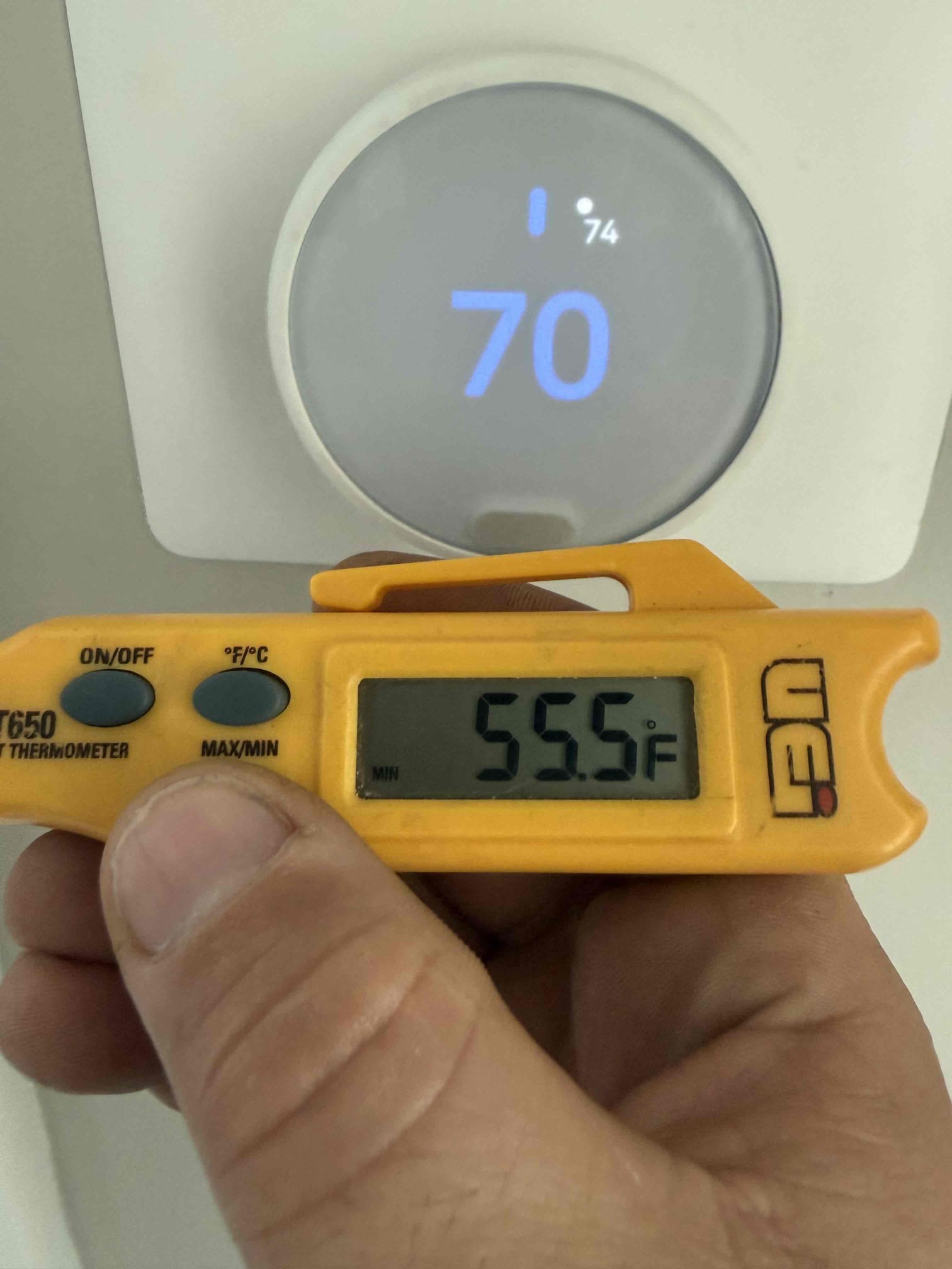 Extend upstairs drain to ground to have easier access to clear and prevent washout. Strap to wall per code. Tax and labor included.
Found both units not cooling properly due to improper settings on thermostats. Programmed both thermostats correctly. Both units cooling properly. 