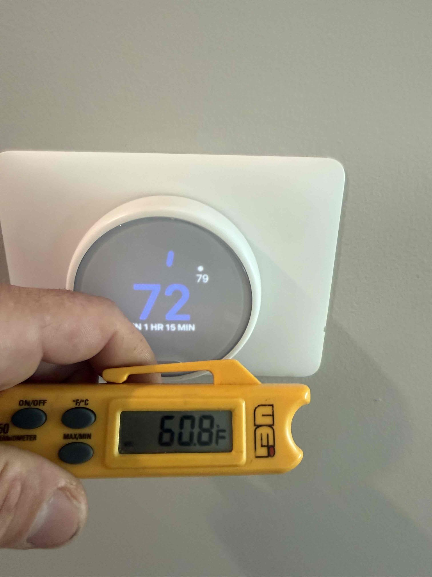 Extend upstairs drain to ground to have easier access to clear and prevent washout. Strap to wall per code. Tax and labor included.
Found both units not cooling properly due to improper settings on thermostats. Programmed both thermostats correctly. Both units cooling properly. 