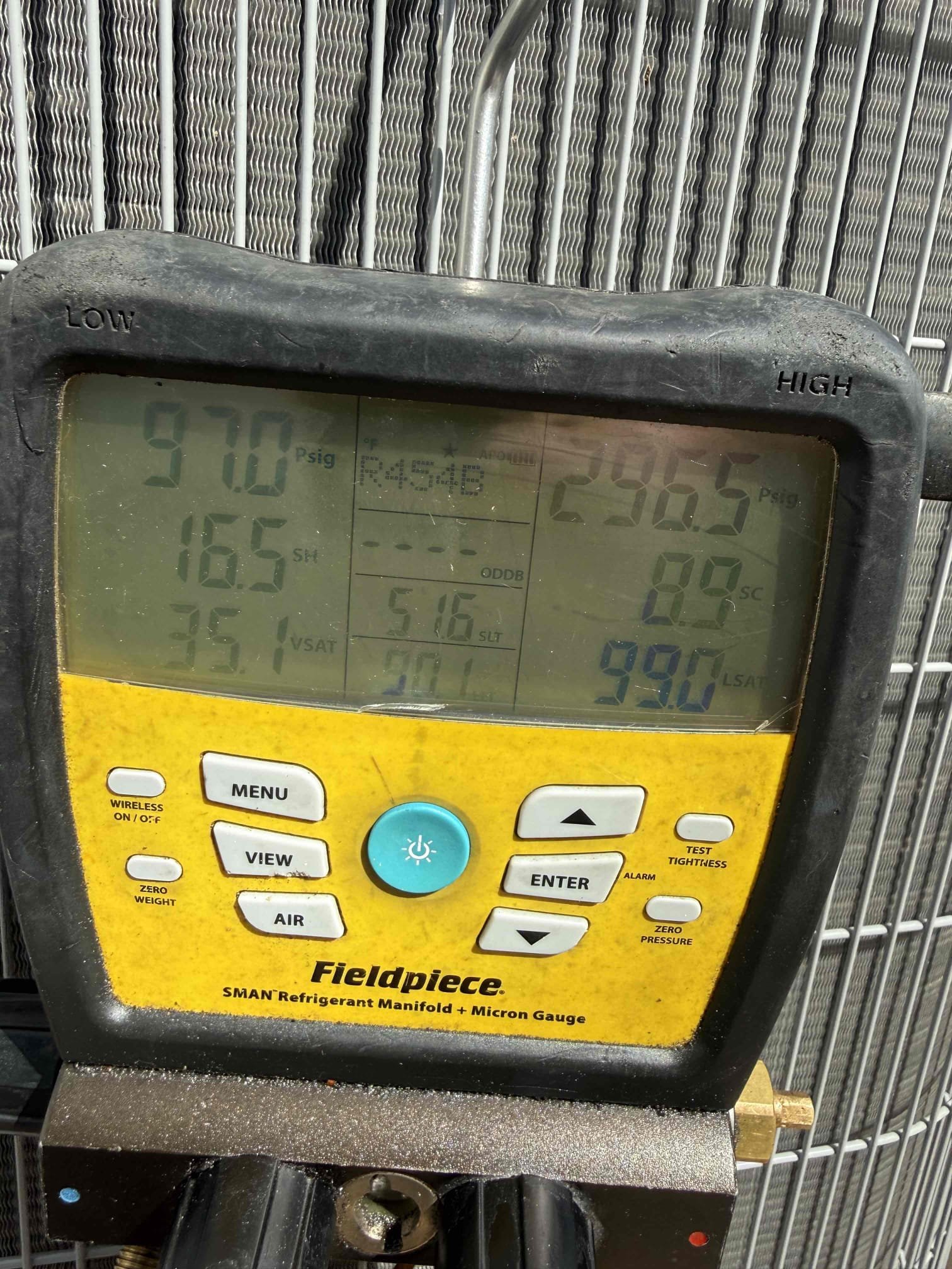 Inspected home for high humidity. Found thermostat was reading temp and humidity incorrectly. Adjusted thermostat to read properly. Filled unit with proper amount of refrigerant. Unit has 20* split. Pressures good. Unit cooling properly. 