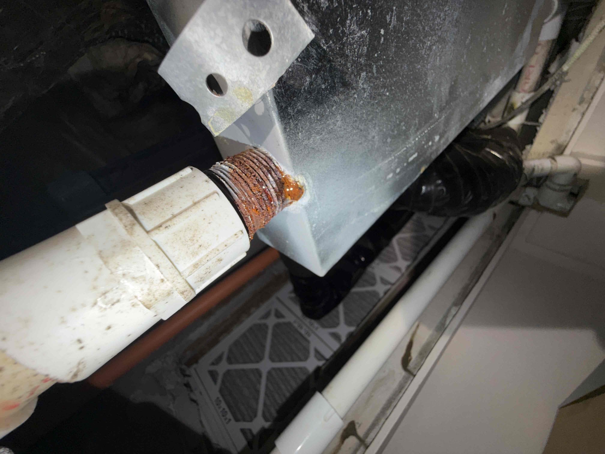 Found bedroom system dripping water due to severely rusted out unit and the secondary pan that was installed has rusted through at the metal connection to PVC. 
System is in very poor condition due to rust and at risk of severe irreversible damage if attempted to service. We cannot source parts for these systems. 
Recommending system replacement due to condition of unit. 
Quote sent for replacement. 
Installs are typically atleast 1 week out due to shipping time. 

Inspected living room system and found that system is not as rusted and needs a primary pan removal/cleaning as it is condensating and the primary pan has standing water. Client accepted quote for cleanings and we will schedule the following week. 

Current tenants are leaving Tuesday but we can access the unit with maitenence crew. 