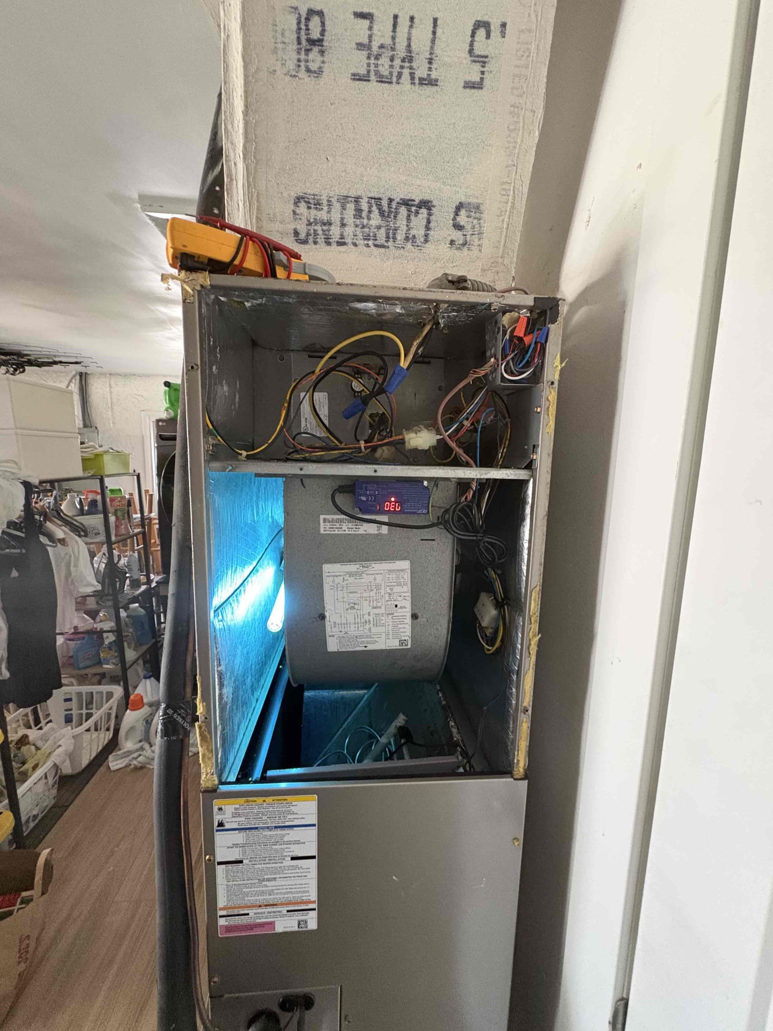 2021 Grand Aire 

2.5T 1200sf home 

Diagnostic 
-failed air handler blower motor 
-system freezing over 

Further Notes 
-blower wheel impacted with bacterial growth 
-air handler cabinet/wiring impacted with bacterial growth 
-air handler door insulation being sucked into air handler housing 

Scope of work
-pickup/install warranty blower motor 
-sanitize air handler interior housing/wiring 
-sanitize blower wheel/assembly
-install single bulb air purifier 
-spray glue/tape insulation back to air handler door 

After completing repairs and letting system run. Found delta of 15° and unit operating at 2.7sc indicating system low on refrigerant. 

Charged system to 20° delta (cooler weather outside)

Explained system could potentially have a leak and if low again we will need to do a leak search 

Unit is currently operating within manufacture specifications 

Home owner would like to schedule duct inspection (bedroom/bathroom area hotter areas)