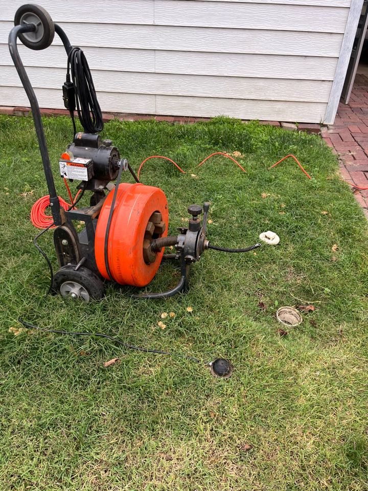 Ran sewer machine through outside, clean out toward city, Maine and cleared stoppage Ran sewer machine through outside, clean out toward city, Maine and cleared stoppage