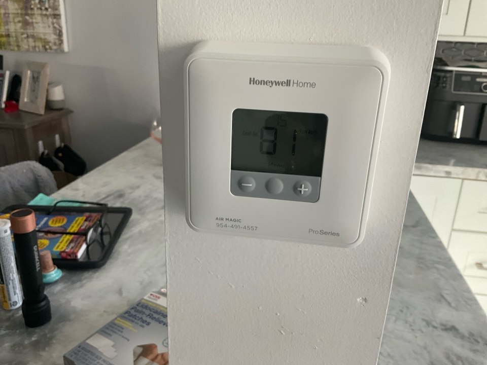 AC Repair Call unit is not cooling. Evaluate system to find defective thermostat. Replace thermostat and unit is now cooling.