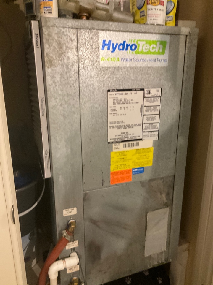 AC Maintenance Call. Perform routine maintenance per maintenance agreement on First Company Hydrotech water source air conditioning system.