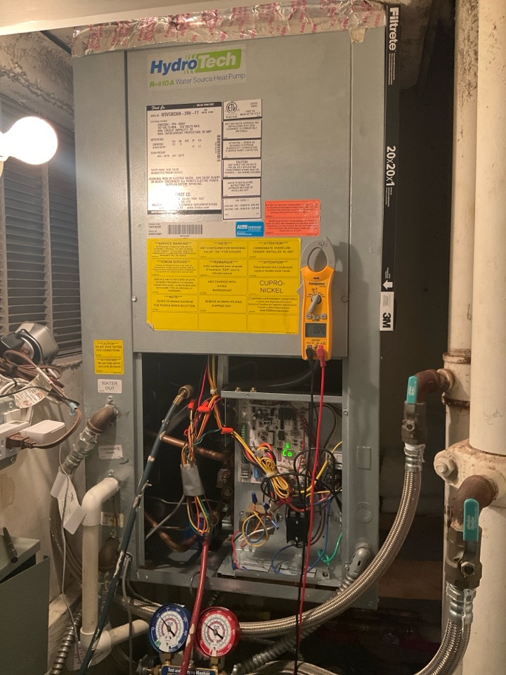 AC Maintenance Call. Perform routine maintenance per maintenance agreement on First Company Hydrotech water source air conditioning system.