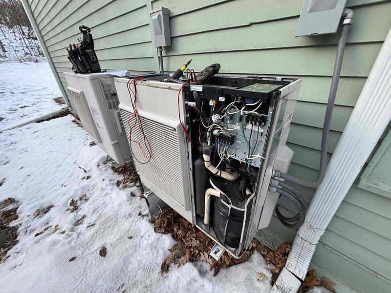 Responded to no-heat call at customer's residence. Diagnosed outdoor unit (heat pump) with failed PRD38VU control board showing significant dust accumulation. Connected testing equipment to verify electrical failure, then contacted technical support for troubleshooting assistance before proceeding with necessary repairs.