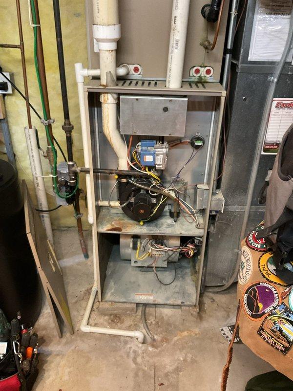 Diagnosed 22-year-old Armstrong furnace that was non-operational due to blower motor failure. Inspection revealed extensive wear throughout the system with multiple deteriorating components. Recommended complete unit replacement due to age and overall condition rather than isolated component repair.