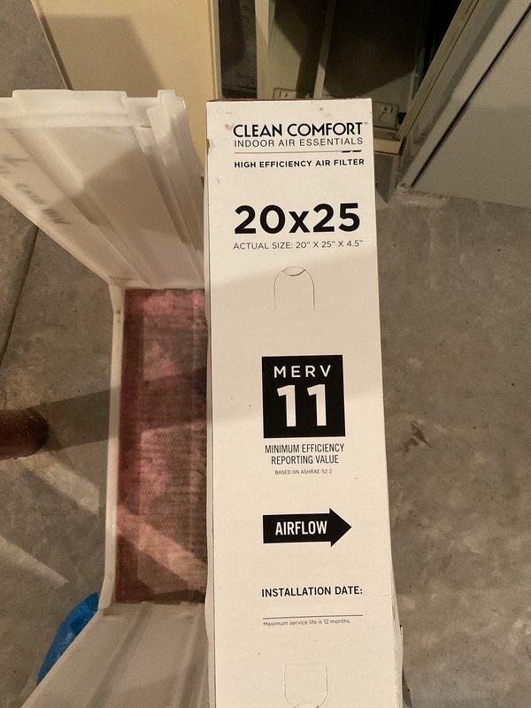 Performed routine maintenance on International Comfort Products furnace (S/N: L9835 T3339). Conducted thorough cleaning and inspection of system components. Replaced existing air filter with new Clean Comfort MERV 11 filter (20"x25"x4.5") to improve air quality and system efficiency.