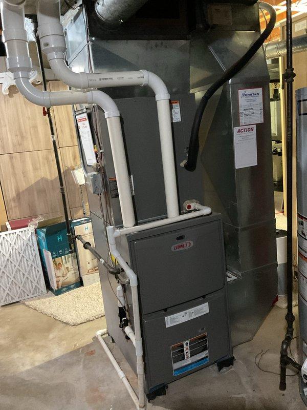 Responded to emergency no-heat call for a 10-year-old Lennox furnace system. Upon inspection, identified faulty ignition sequence preventing proper heating. Replaced ignition module and thermocouple, cleaned flame sensor, and verified proper system operation with complete heating cycle test. Unit now functioning normally with consistent flame and appropriate temperature rise.