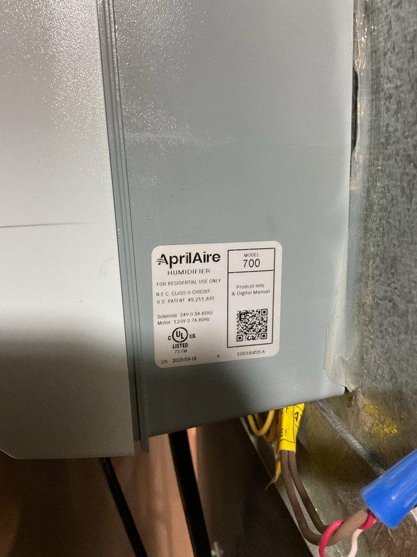 Successfully installed and upgraded an AprilAire model 700 humidifier system with automatic control functionality. The unit was properly mounted and wired to the existing HVAC system in the utility area, with all electrical connections secured according to manufacturer specifications. Final inspection confirmed proper installation and optimal operation of the new humidification system.
