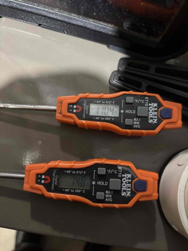 Responded to customer complaint of noise from furnace and smoke odor from bathroom vent. Performed thorough inspection of York furnace system including temperature readings with infrared thermometers. No abnormal operation detected during diagnostic testing and could not replicate reported issues during service visit.