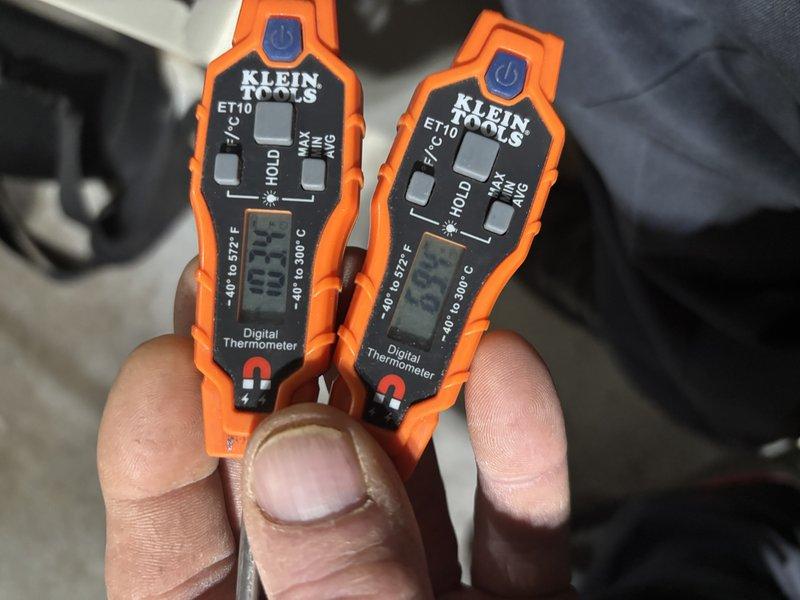 Performed routine Clean & Check maintenance service on HVAC system. Temperature measurements were taken using Klein Tools ET10 Digital Thermometers, confirming proper operation with readings of 113.5°F and 113.8°F. Visual inspection of ductwork revealed no blockages or issues; system is functioning within normal parameters.