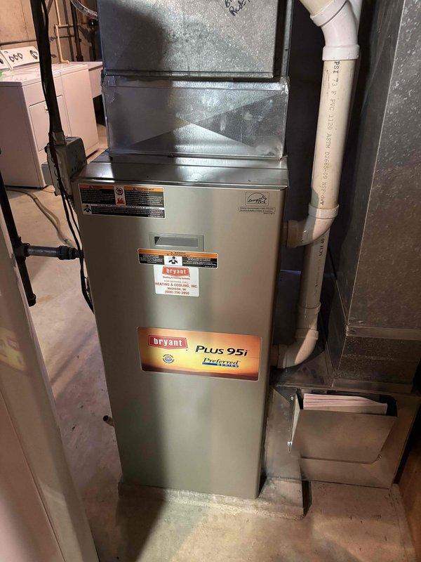 Performed comprehensive maintenance on 20-year-old Bryant PLUS 95i Preferred series furnace. Conducted temperature differential testing with readings of 83.8° and 120.1° to verify proper heat exchange operation. System was cleaned, inspected, and confirmed to be functioning within acceptable parameters despite age.