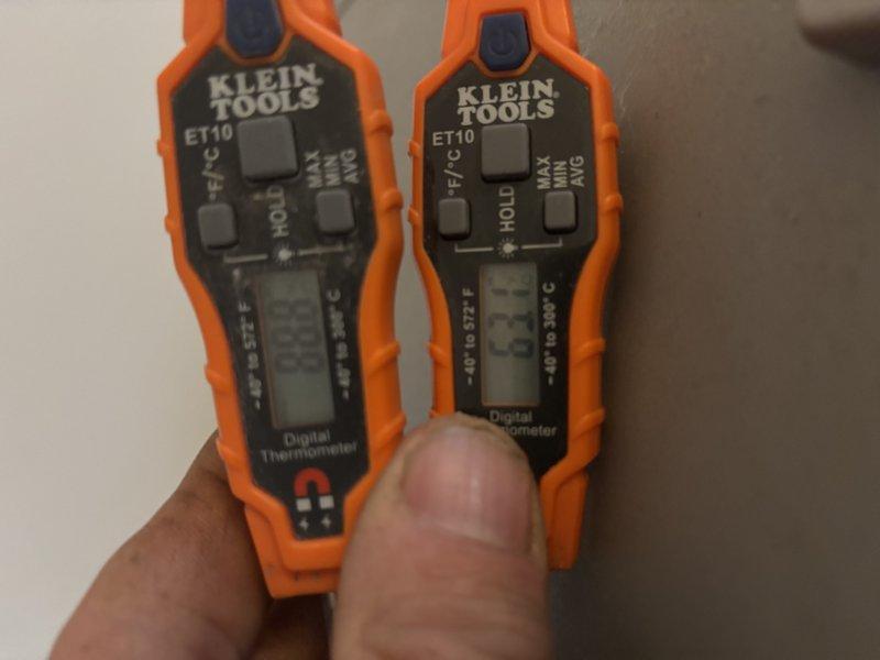 Responded to service call for first floor units not operating properly. Diagnostic testing with Klein ET10 thermometers revealed system was low on refrigerant charge. Second floor Fujitsu Halcyon HFI units were successfully restored to operation. First floor units require follow-up service appointment for refrigerant recharge to restore heating function.