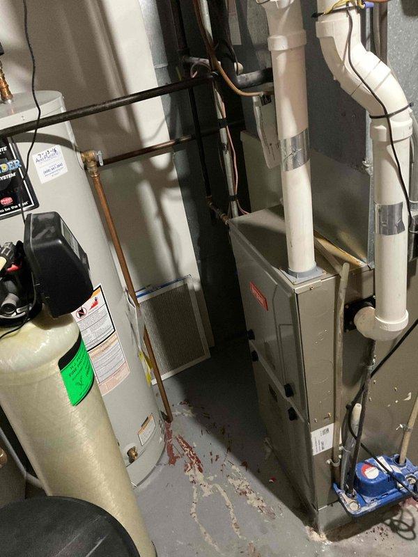 Responded to tenant complaint of no heat. Upon inspection, found system operating with heavily soiled air filters. Replaced Bryant filter (size 13.1) and verified thermostat function. Thermostat was set to 67°F with interior temperature reading 56°F. System resumed normal heating operation after filter replacement.