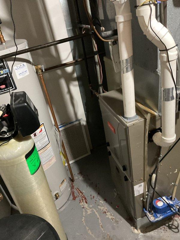 Responded to tenant complaint of no heat. Upon inspection, found system operating with heavily soiled air filters. Replaced Bryant filter (size 13.1) and verified thermostat function. Thermostat was set to 67°F with interior temperature reading 56°F. System resumed normal heating operation after filter replacement.