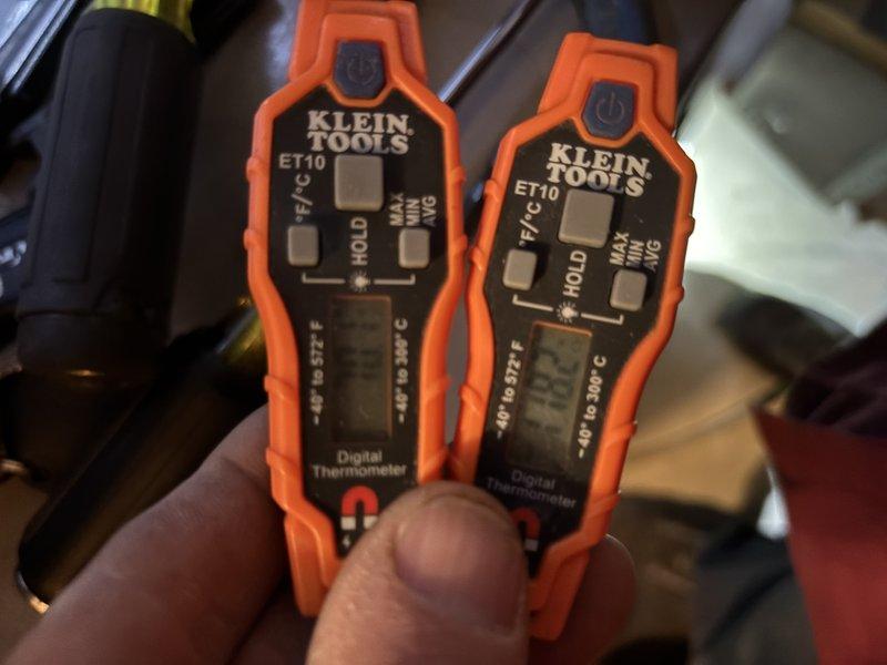 Responded to service call for furnace short cycling and no heat. Performed diagnostic temperature testing with digital thermometers to verify system operation issues. Identified dirty filter as root cause. Customer advised to replace filter to restore proper furnace operation.