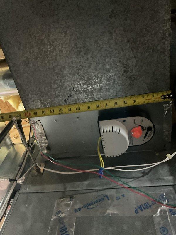 Responded to customer complaint of overheating in one zone where thermostat was set to 55°F but temperature reaching 70°F. Diagnostic inspection revealed faulty source damper causing improper zone control. Took measurements of ductwork components and examined control wiring connections to isolate the issue. Problem resolved by adjusting the damper system to restore proper airflow balance between zones.