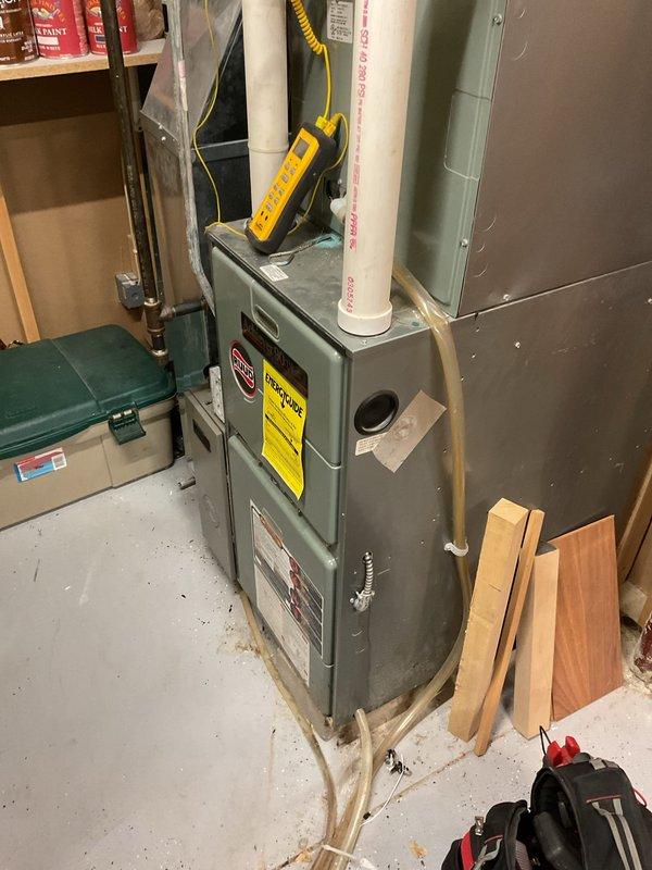 Performed routine cleaning and check on 20-year-old furnace. Inspected heat exchanger with no visible signs of leakage, though CO testing was limited due to non-functional meter. Verified clear exhaust venting. Discussed replacement options with customer, highlighting benefits of variable speed blowers for improved comfort. Unit remains operational but nearing end of service life.