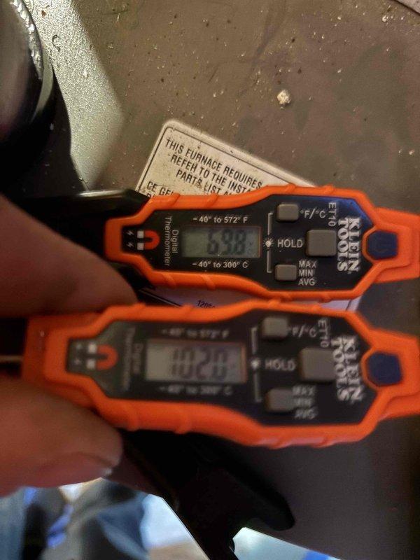 Performed clean and check service on furnace and gas line in response to reported gas odor in kitchen. Conducted combustion analysis with digital analyzer showing 99.5% efficiency reading. Temperature measurements taken with Klein Tools digital thermometers confirmed proper operation parameters. No gas leak detected; system functioning normally after service.