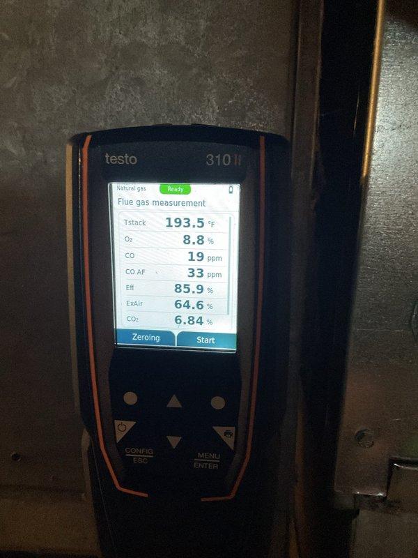 Performed comprehensive furnace service addressing intermittent heating issue. Conducted complete clean and check procedure including Cleveland check. Diagnostic testing with Testo 310 II analyzer confirmed proper combustion parameters with 85.9% efficiency, 8.8% oxygen level, and 19ppm CO reading on Goodman unit.