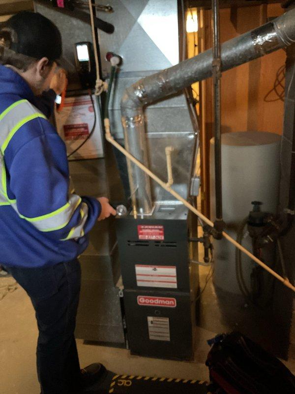 Performed comprehensive furnace service addressing intermittent heating issue. Conducted complete clean and check procedure including Cleveland check. Diagnostic testing with Testo 310 II analyzer confirmed proper combustion parameters with 85.9% efficiency, 8.8% oxygen level, and 19ppm CO reading on Goodman unit.