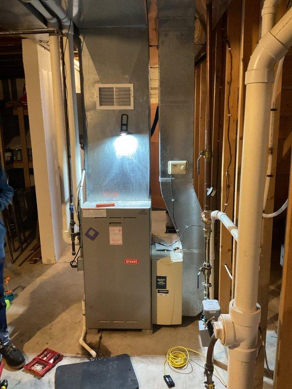 Responded to no-heat call for Bryant furnace system. Diagnosed clogged air intake causing elevated carbon monoxide levels (75 ppm). Performed thorough cleaning of furnace components and air intake to restore proper operation and ensure safe functioning of the heating system.