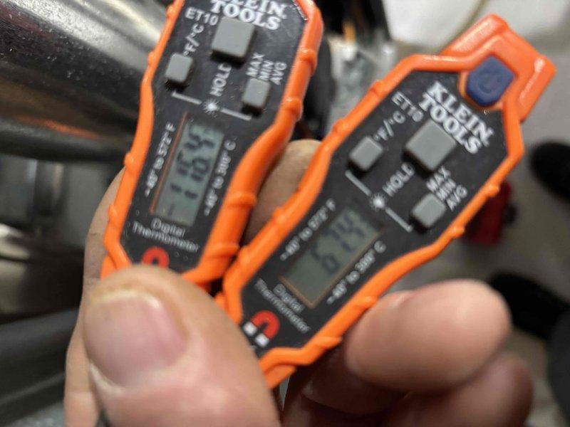 Responded to no heat complaint where furnace was not consistently igniting. Diagnosed dirty flame sensor as the root cause. Cleaned flame sensor thoroughly, resulting in restored operation and proper heat output, verified with digital temperature readings.