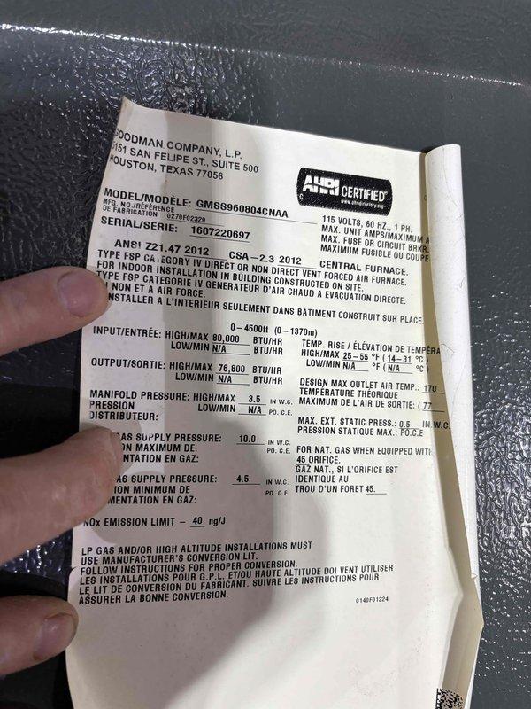 # Furnace Service Report

Completed scheduled maintenance and inspection on a Goodman GMSS960804CNAA furnace (80,000 BTU/h input, manufactured 2016). Performed comprehensive clean and check procedure including inspection of heat exchanger, burner assembly, ignition system, and blower components. Verified proper combustion and gas pressure at manifold (3.5" W.C.). Tested electrical components and confirmed 115V single-phase power supply within specifications.

Measured supply air temperatures using calibrated infrared thermometers, recording readings of 130.2°F and 131.7°F, indicating proper heat rise and system operation. Inspected all safety controls, limit switches, and flame sensor. Cleaned burners and verified proper flame characteristics. Checked air filter, ductwork connections, and condensate drainage system.

All systems operational and functioning within manufacturer specifications. Unit passed maintenance inspection with no deficiencies noted. System ready for heating season.
