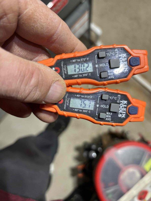 # Furnace Service Report

Completed scheduled maintenance and inspection on a Goodman GMSS960804CNAA furnace (80,000 BTU/h input, manufactured 2016). Performed comprehensive clean and check procedure including inspection of heat exchanger, burner assembly, ignition system, and blower components. Verified proper combustion and gas pressure at manifold (3.5" W.C.). Tested electrical components and confirmed 115V single-phase power supply within specifications.

Measured supply air temperatures using calibrated infrared thermometers, recording readings of 130.2°F and 131.7°F, indicating proper heat rise and system operation. Inspected all safety controls, limit switches, and flame sensor. Cleaned burners and verified proper flame characteristics. Checked air filter, ductwork connections, and condensate drainage system.

All systems operational and functioning within manufacturer specifications. Unit passed maintenance inspection with no deficiencies noted. System ready for heating season.