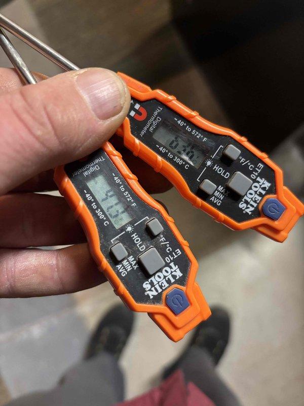 Performed seasonal air conditioning startup and system inspection. Connected manifold gauge set to outdoor condenser unit to verify refrigerant pressures and system operation. Utilized digital temperature measurement tools to check supply and return air temperatures, confirming proper cooling differential. Addressed customer inquiry regarding previously repaired heating system. Verified outdoor unit had protective winter cover in place, which was removed for seasonal startup. All system parameters checked and found operating within normal specifications.