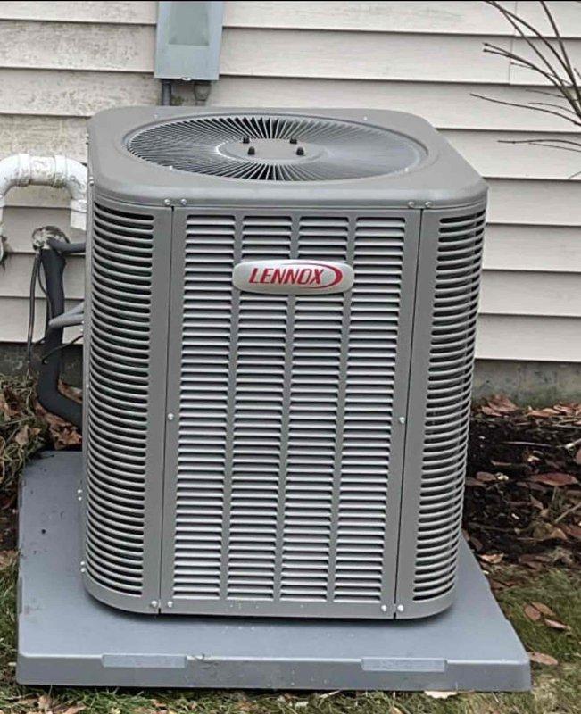 Performed seasonal AC start-up on Lennox outdoor condensing unit. Verified system operational status with supply air temperature reading of 48.5°F and return air temperature of 37.0°F, confirming proper cooling differential. All components functioning within normal parameters.