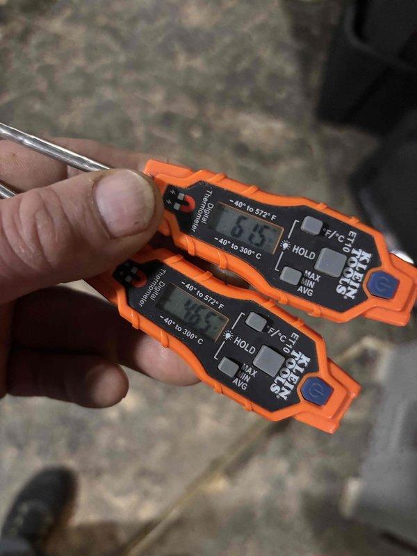 Performed seasonal start-up and operational check on residential air conditioning system. Energized unit and verified proper compressor and condenser fan operation. Measured supply and return air temperatures, confirming adequate temperature differential across the system at approximately 32-33°F, indicating normal cooling performance and refrigerant charge levels.