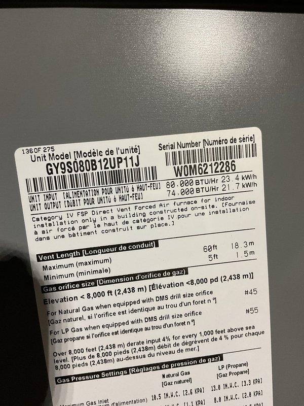 Responded to no heat call on Goodman direct vent forced air furnace, model GY9S00B12UP11J. Upon inspection, diagnosed insufficient vacuum at pressure switch preventing unit operation. Testing revealed inducer motor failure causing inadequate draft pressure to satisfy safety controls. Provided customer with repair options including inducer motor replacement or complete furnace replacement given unit age and condition.