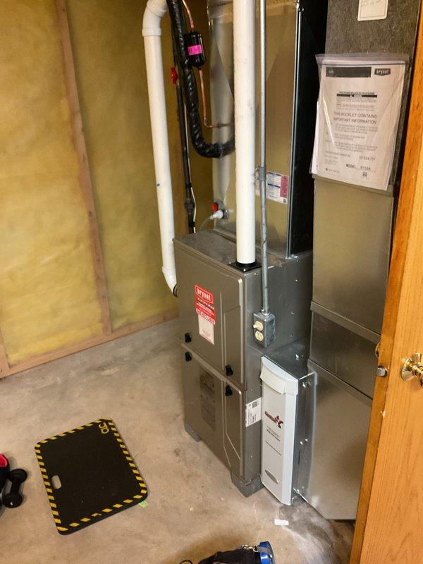 Completed comprehensive furnace tune-up including cleaning of dirty flame sensor and replacement of clogged air filter. Corrected Nest thermostat low battery issue by properly installing missing common wire connection. Performed full system cleaning and operational verification to ensure safe and efficient heating system performance.