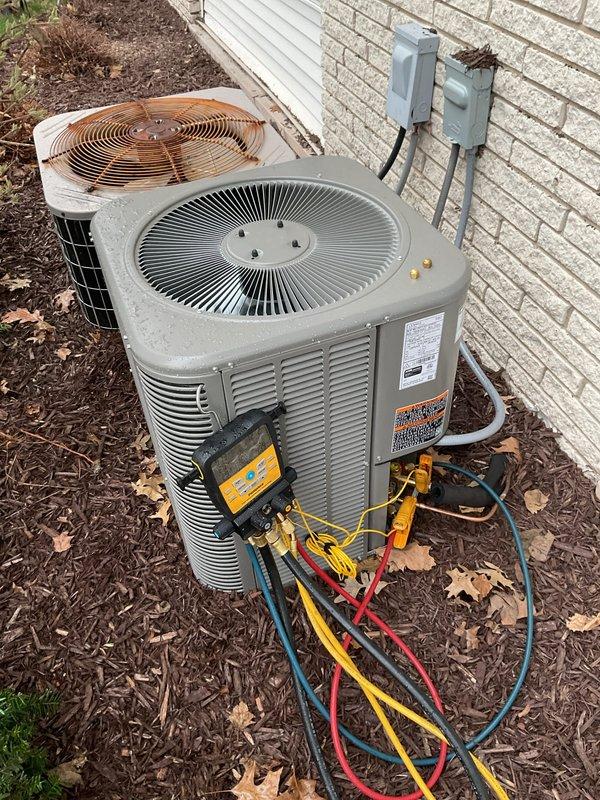 Performed AC startup service on newly installed air conditioning system at Unit 8. Verified system operation by checking refrigerant pressures and subcool measurements using manifold gauges, confirming all readings within manufacturer specifications. System operating properly with no issues detected.